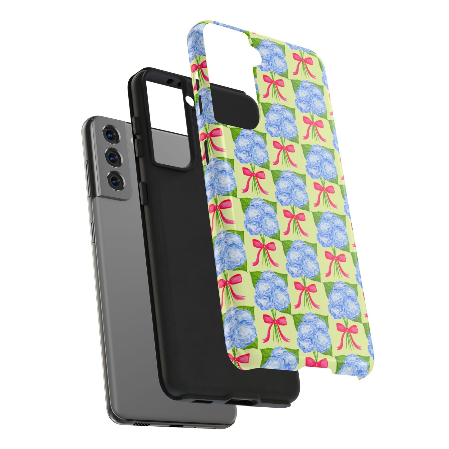 Blue Watercolor Hydrangea Bouquets with Hot Pink Bows Illustrated Patterned Yellow Preppy Grand Millenial Tough Phone Case | Various Models