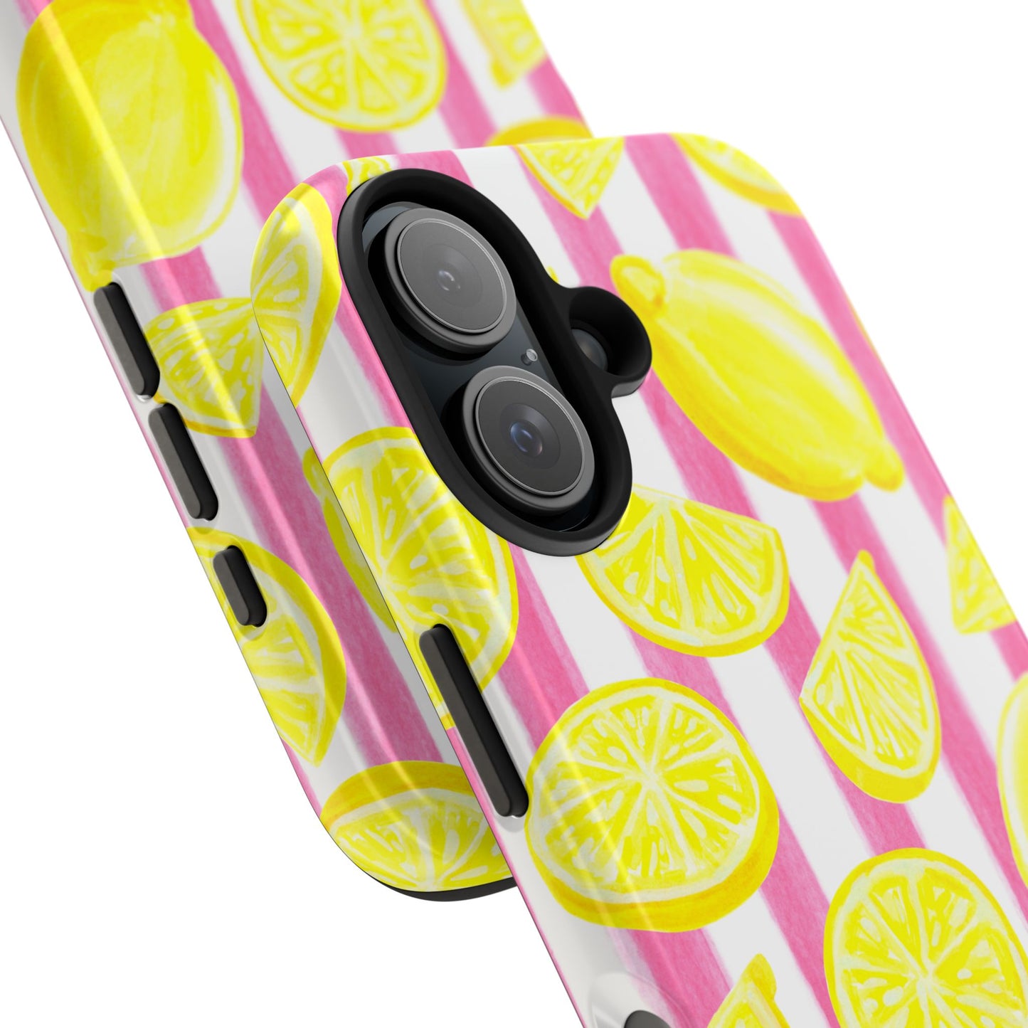 Pink Lemonade Yellow Lemons with Pink & White Watercolor Stripes Tough Phone Case