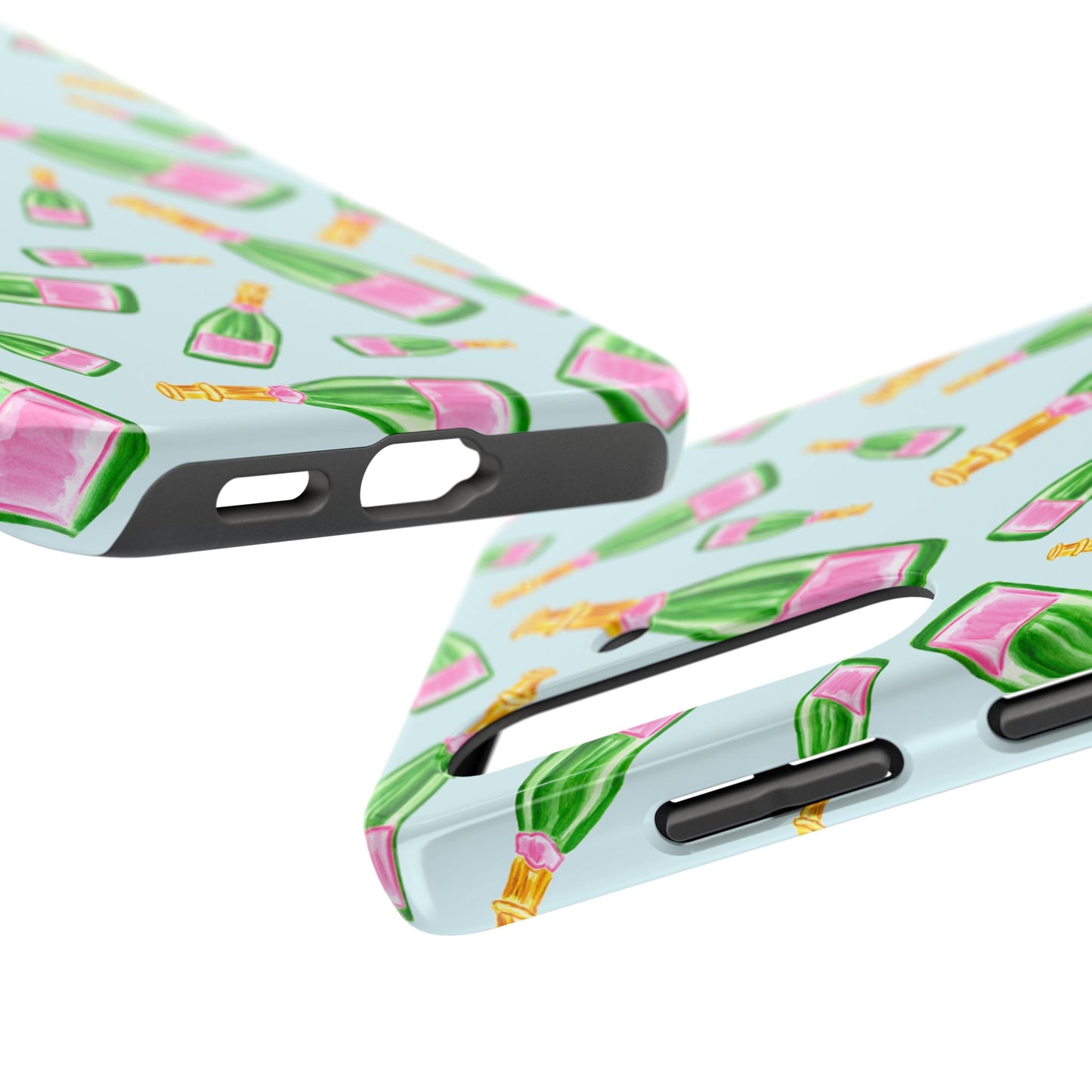 Tossed Pink and Green Watercolor Illustrated Champagne Bottles Pattern Light Blue Tough Phone Case | Various Models