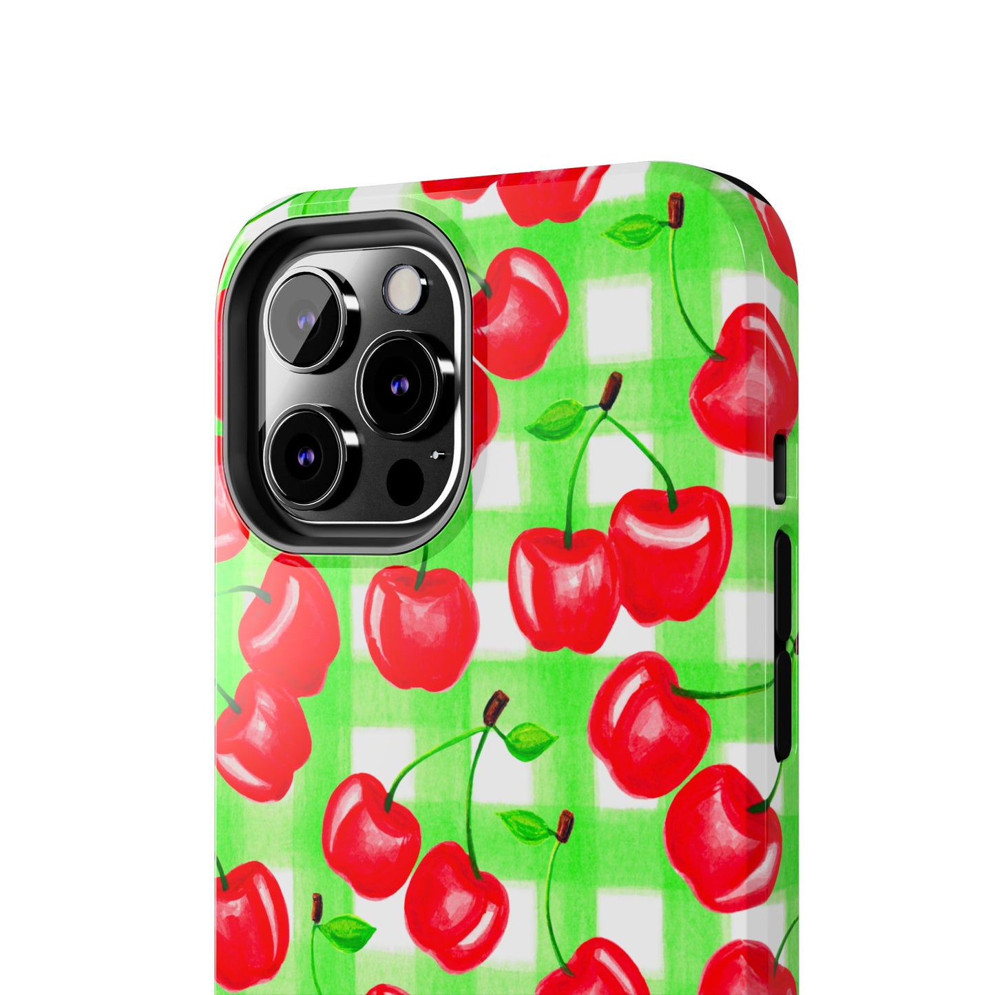 Red Tossed Cherries Green Gingham Watercolor Illustrated Tough Phone Case | Various Models Available
