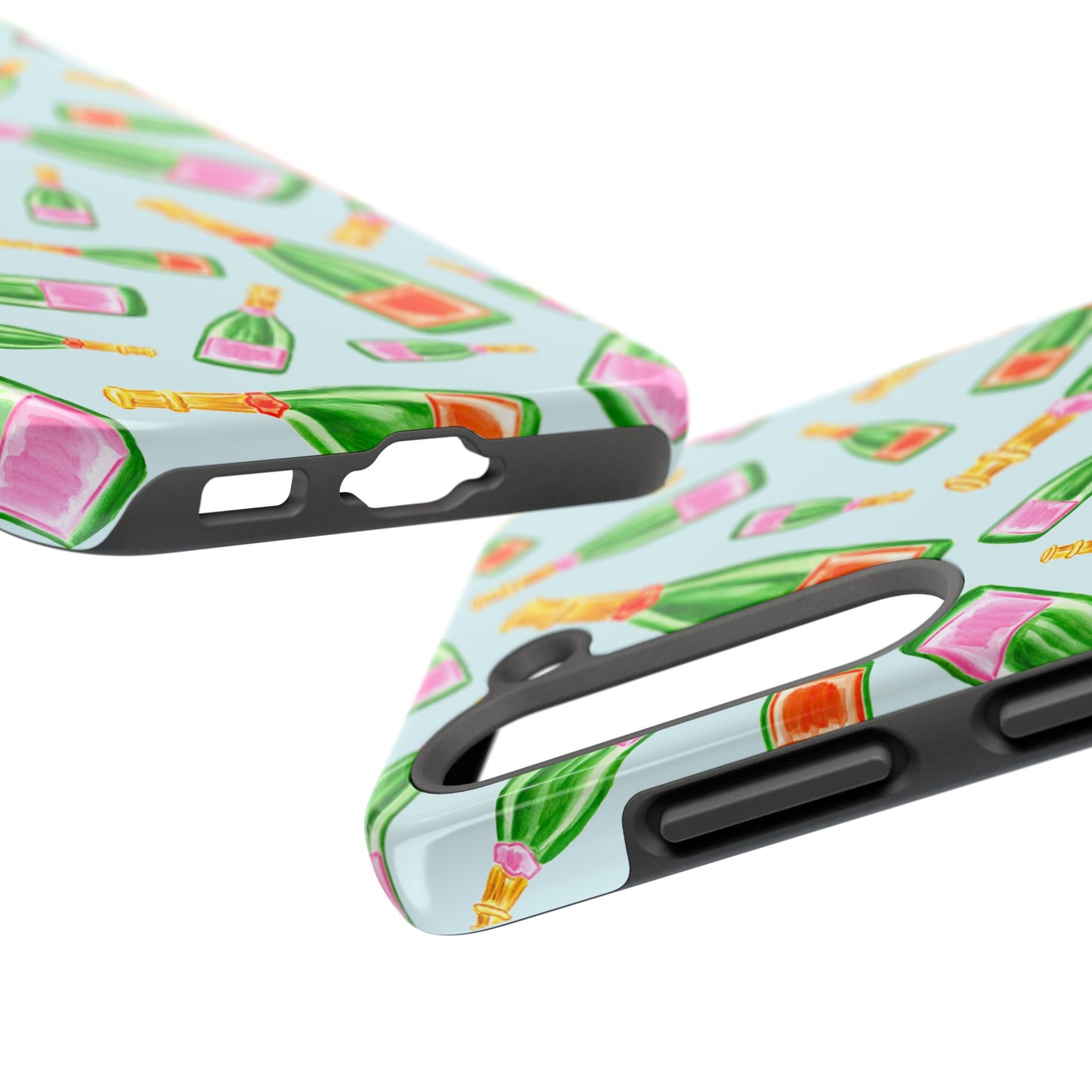 Tossed Pink and Green & Orange and Green Watercolor Illustrated Champagne Bottles Pattern Light Blue Tough Phone Case | Various Models