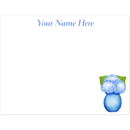 Personalized | Blue Hydrangeas in Blue Vase Watercolor Illustration | Set of 10 Cards & Envelopes | 2 Sizes 4.25x5.5″ (SM)