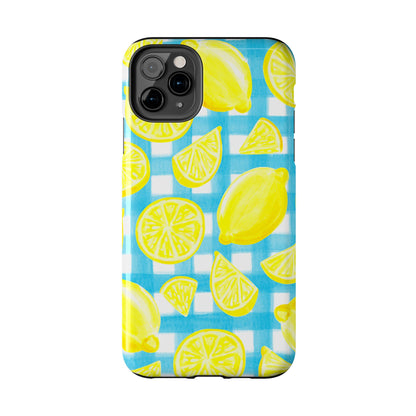 Yellow Lemons & Turquoise Gingham Watercolor Illustrated Tough Phone Case | Various Models Available