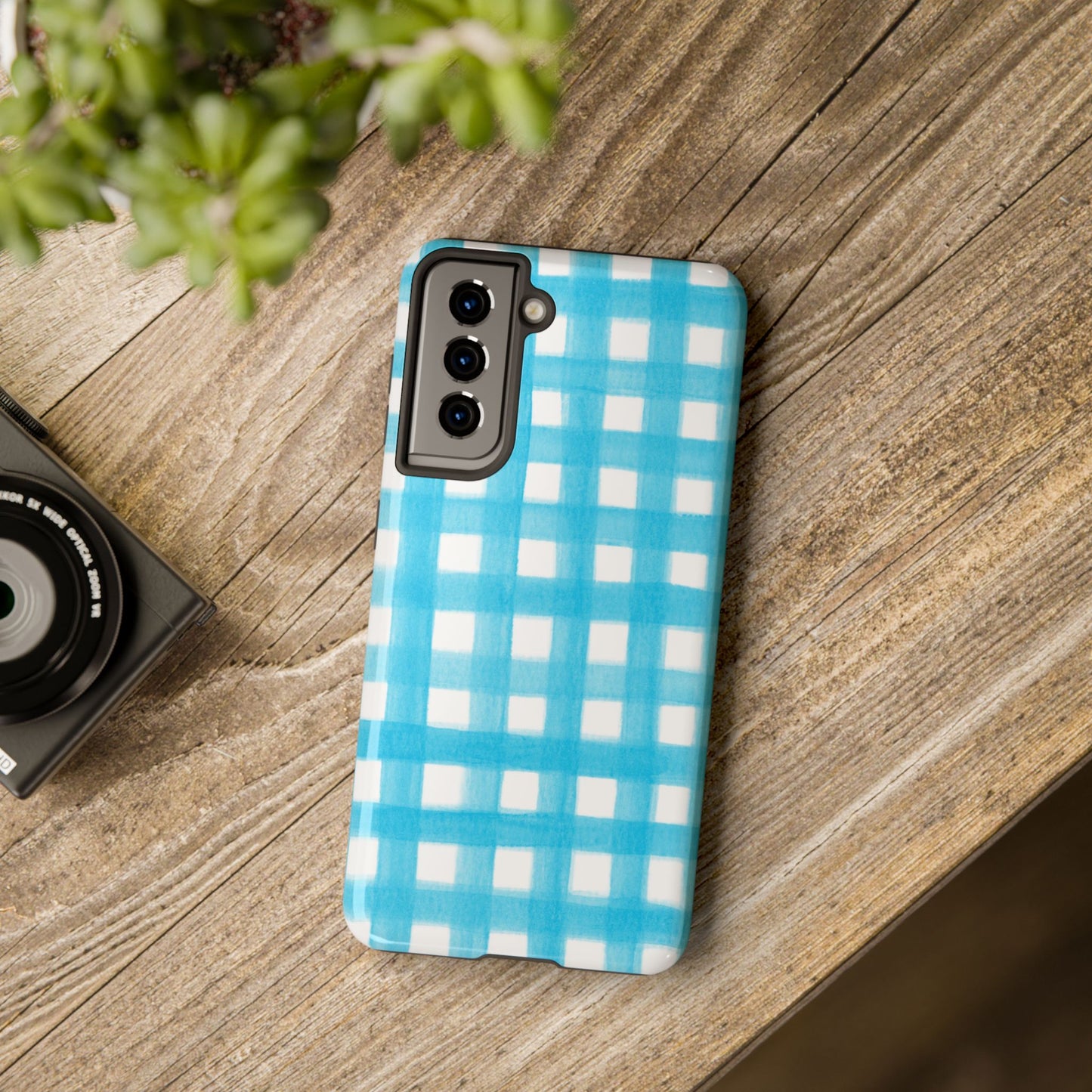 Turquoise Gingham Watercolor Illustrated Tough Phone Case | Various Models Available