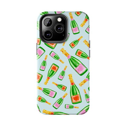 Tossed Pink and Green & Orange and Green Watercolor Illustrated Champagne Bottles Pattern Light Blue Tough Phone Case | Various Models