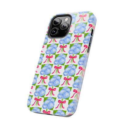 Blue Watercolor Hydrangea Bouquets with Hot Pink Bows Illustrated Patterned Tough Phone Case | Various Models