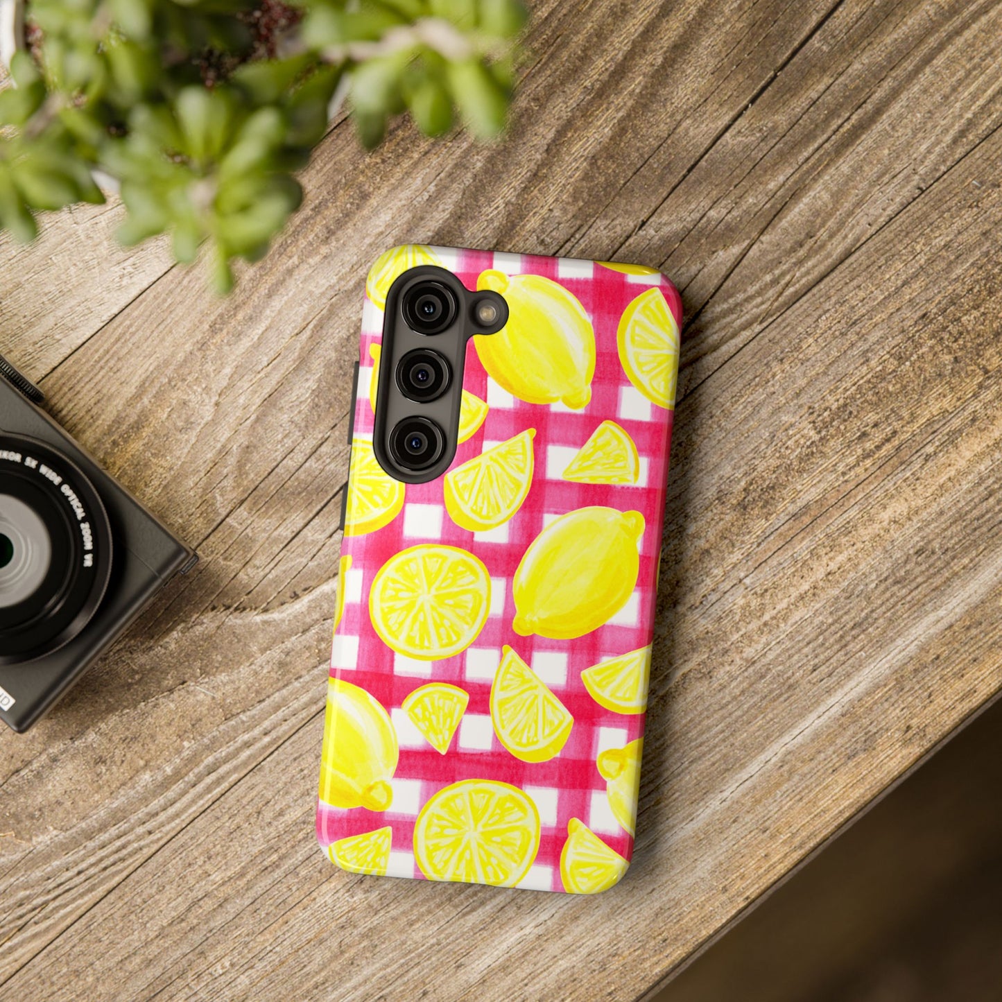 Yellow Lemons & Hot Pink Gingham Watercolor Illustrated Tough Phone Case | Various Models Available