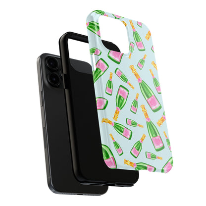 Tossed Pink and Green Watercolor Illustrated Champagne Bottles Pattern Light Blue Tough Phone Case | Various Models