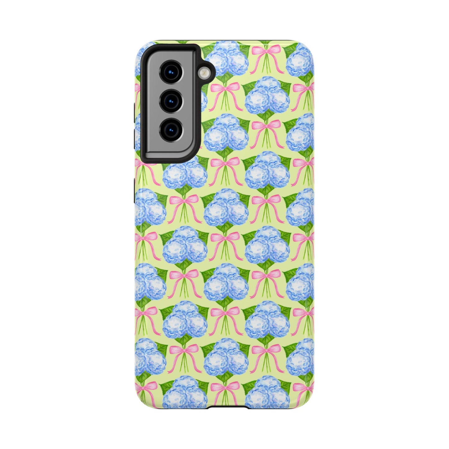 Blue Watercolor Hydrangea Bouquets with Light Pink Bows Watercolor Illustrated Patterned Yellow Tough Phone Case | Various Models