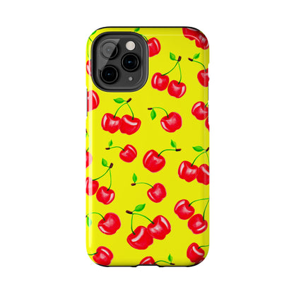 Tossed Red Watercolor Cherries Illustrated Pattern Bright Yellow Tough Phone Case | Various Models