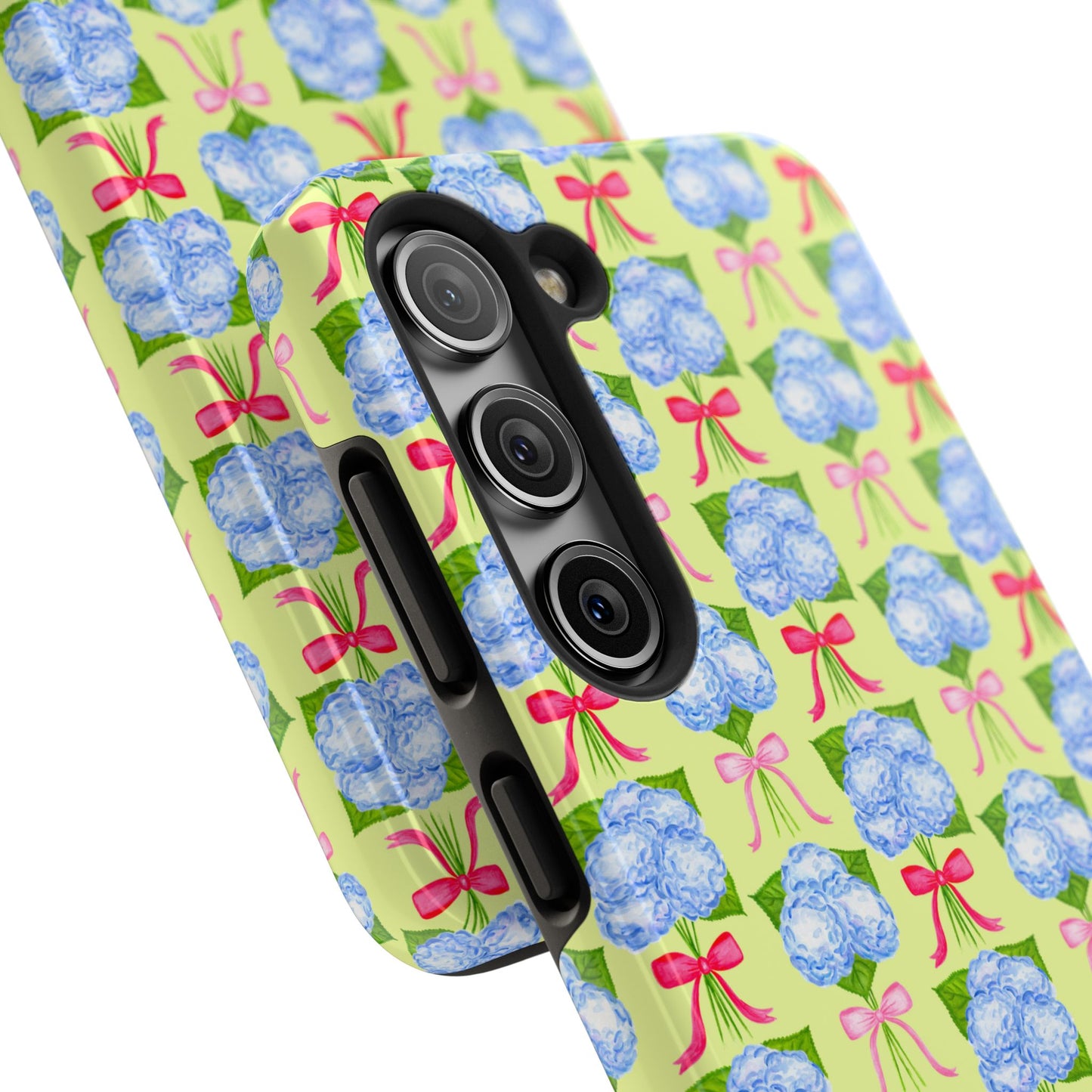 Watercolor Blue Hydrangea Bouquets with Hot Pink and Light Pink Bow Ribbons Illustrated Pattern Yellow Tough Phone Case | Various Models