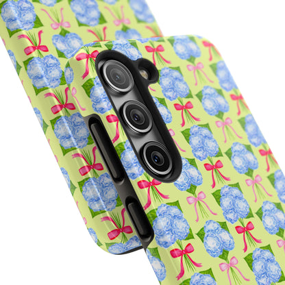 Watercolor Blue Hydrangea Bouquets with Hot Pink and Light Pink Bow Ribbons Illustrated Pattern Yellow Tough Phone Case | Various Models