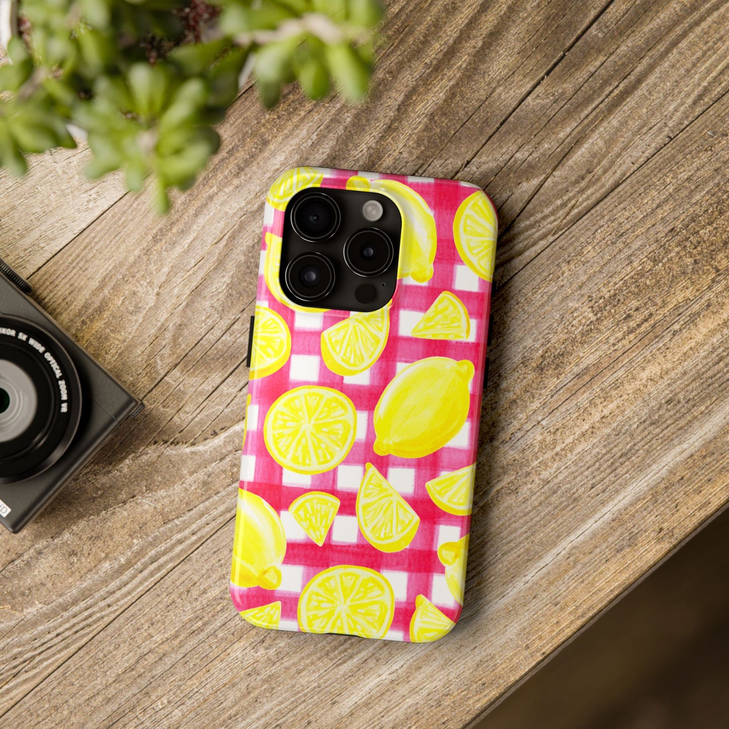 Yellow Lemons & Hot Pink Gingham Watercolor Illustrated Tough Phone Case | Various Models Available
