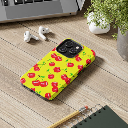 Tossed Red Watercolor Cherries Illustrated Pattern Bright Yellow Tough Phone Case | Various Models