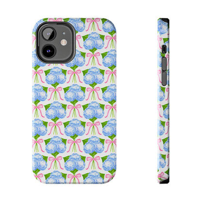 Blue Watercolor Hydrangea Bouqets with Light Pink Bows Watercolor Illustrated Patterned Tough Phone Case | Various Models