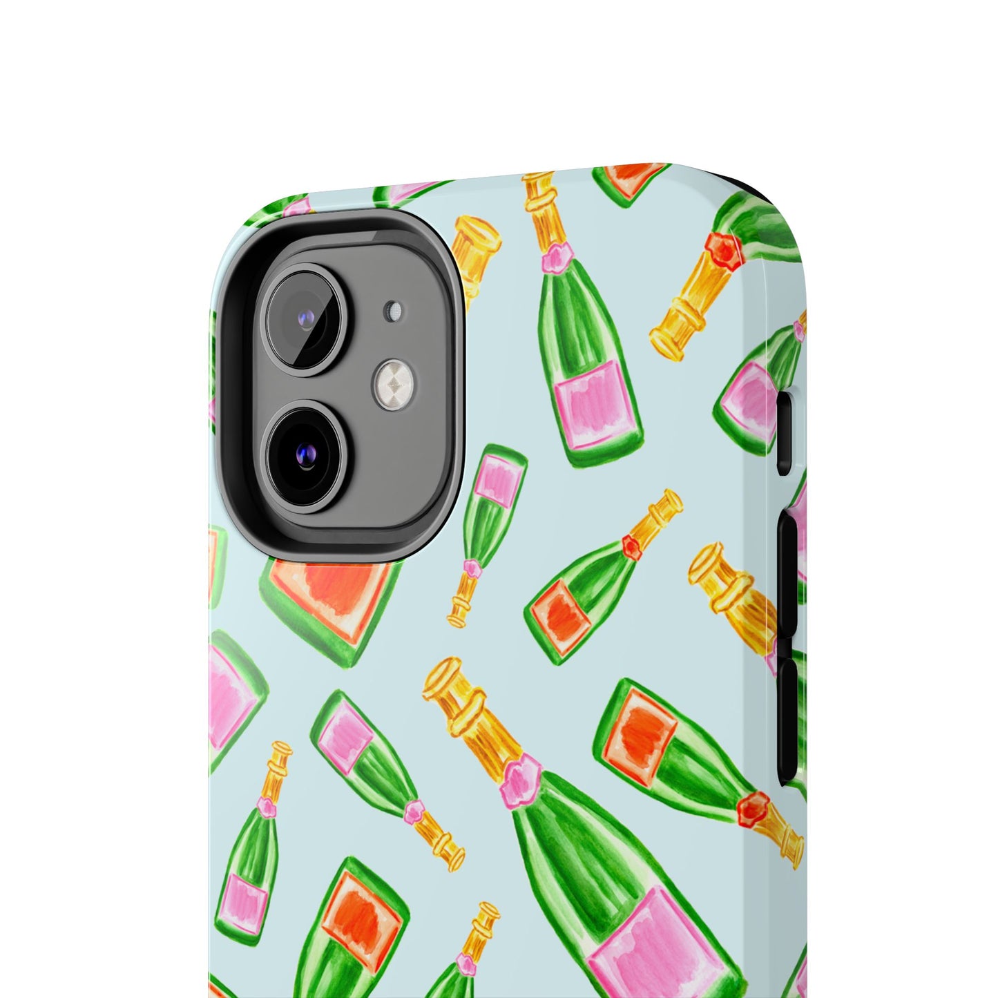 Tossed Pink and Green & Orange and Green Watercolor Illustrated Champagne Bottles Pattern Light Blue Tough Phone Case | Various Models