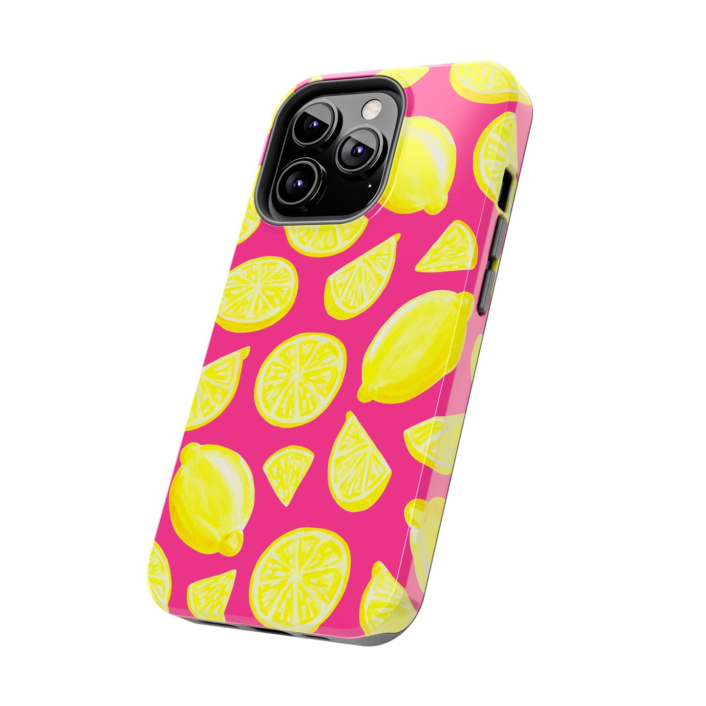 Bright Yellow Lemons Watercolor Illustrated Tossed Pattern Watermelon Pink Tough Phone Case | Various Models