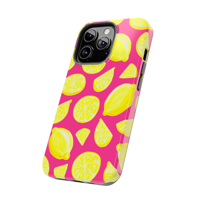 Bright Yellow Lemons Watercolor Illustrated Tossed Pattern Watermelon Pink Tough Phone Case | Various Models