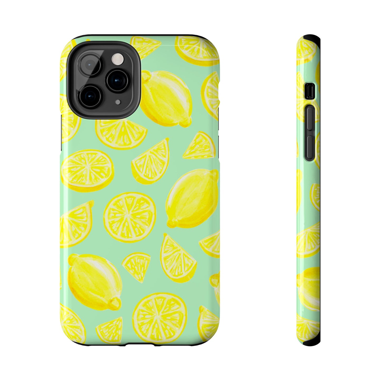 Bright Yellow Lemons Watercolor Illustrated Tossed Pattern Mint Green Tough Phone Case | Various Models