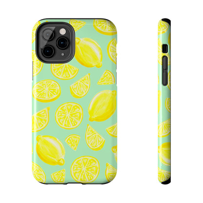 Bright Yellow Lemons Watercolor Illustrated Tossed Pattern Mint Green Tough Phone Case | Various Models
