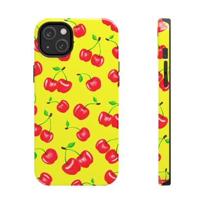 Tossed Red Watercolor Cherries Illustrated Pattern Bright Yellow Tough Phone Case | Various Models