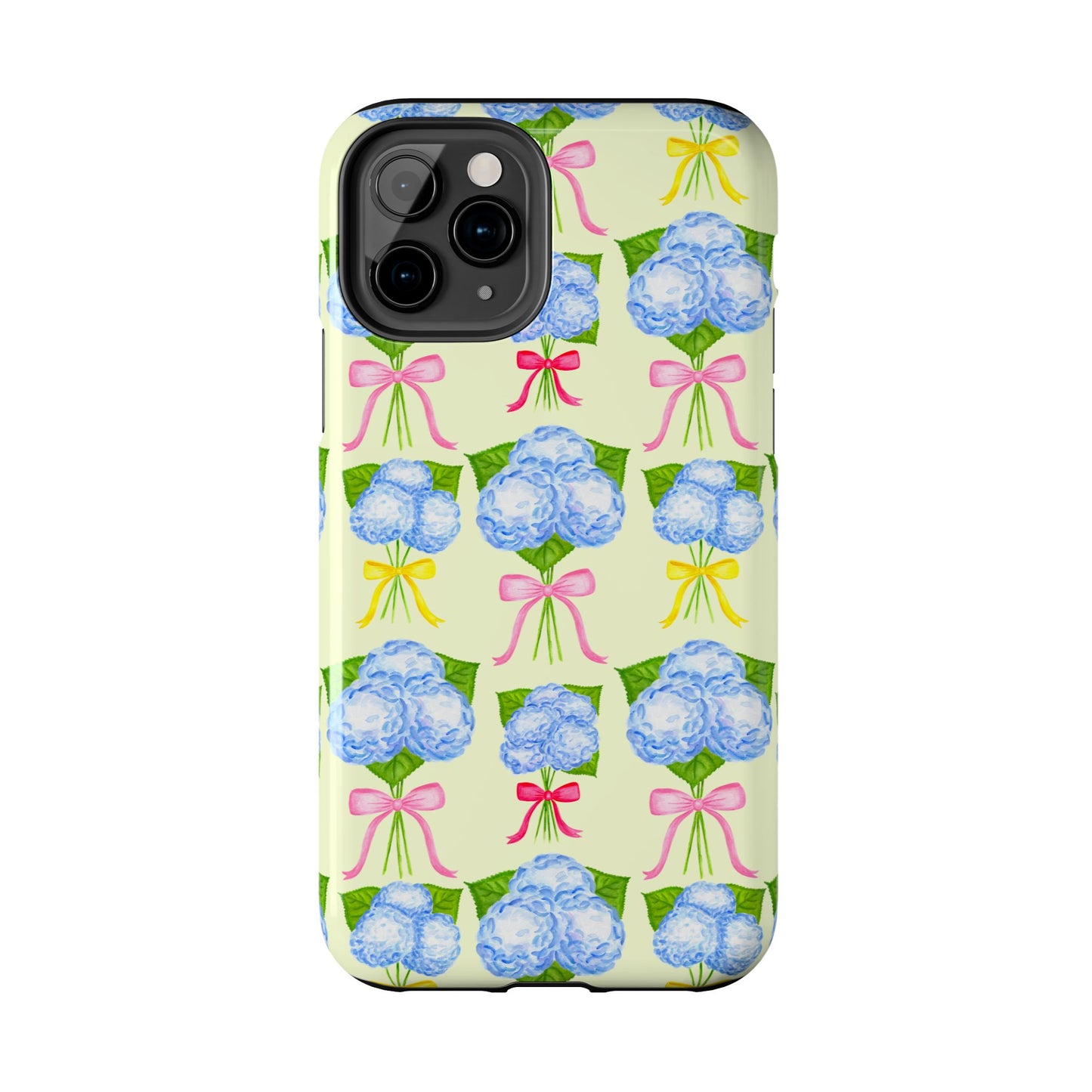 Blue Hydrangeas with Hot Pink, Yellow, Light Pink Bows Watercolor Illustrated Patterned Light Yellow Tough Phone Case | Various Models