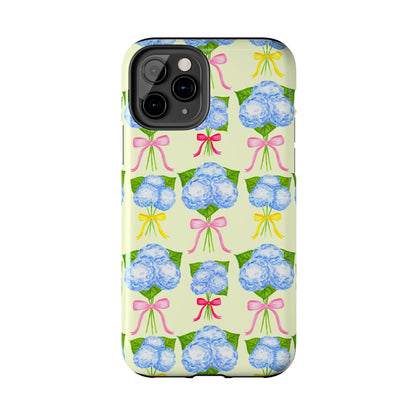 Blue Hydrangeas with Hot Pink, Yellow, Light Pink Bows Watercolor Illustrated Patterned Light Yellow Tough Phone Case | Various Models