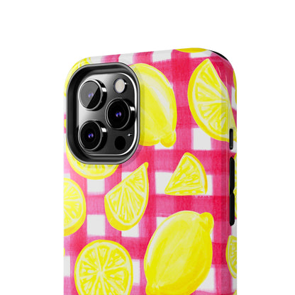 Yellow Lemons & Hot Pink Gingham Watercolor Illustrated Tough Phone Case | Various Models Available