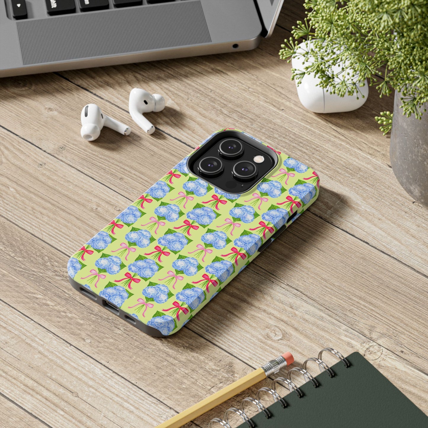 Watercolor Blue Hydrangea Bouquets with Hot Pink and Light Pink Bow Ribbons Illustrated Pattern Yellow Tough Phone Case | Various Models