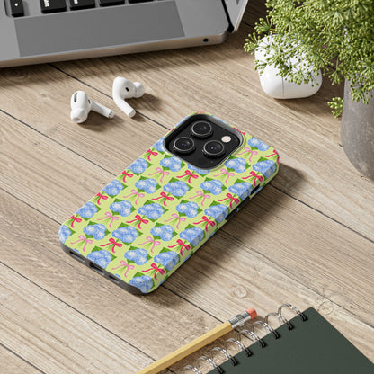 Watercolor Blue Hydrangea Bouquets with Hot Pink and Light Pink Bow Ribbons Illustrated Pattern Yellow Tough Phone Case | Various Models