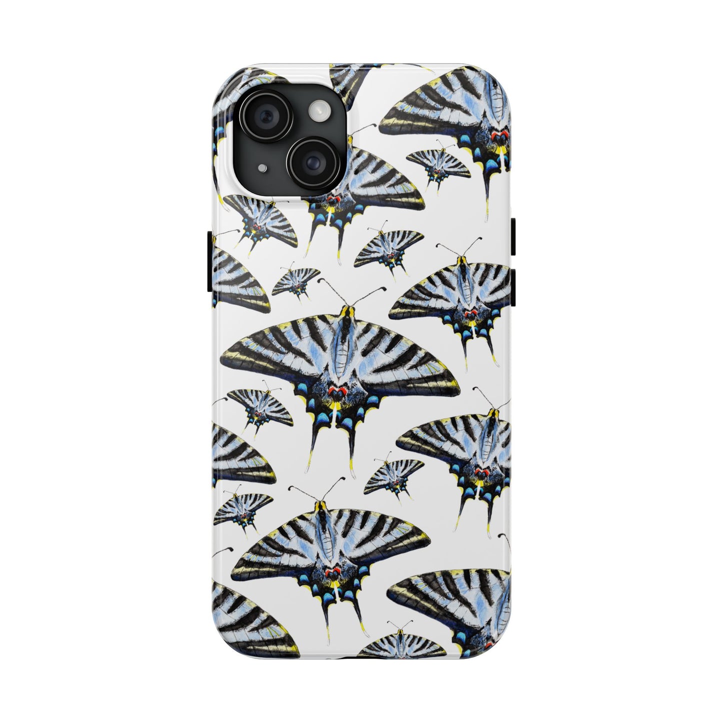 Light Blue Swallowtail Butterflies Watercolor Illustrated Pale Blue Tough Phone Case | Various Models iPhone 15 Plus