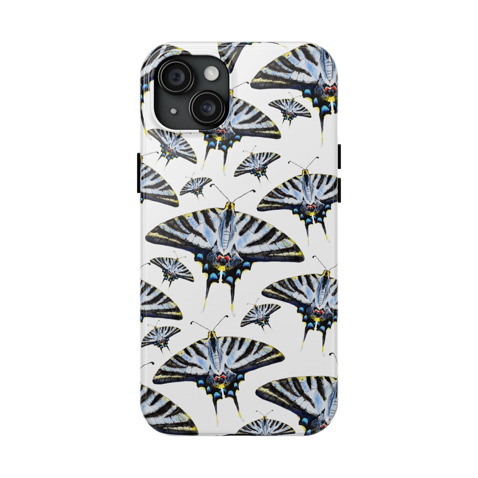 Light Blue Swallowtail Butterflies Watercolor Illustrated Pale Blue Tough Phone Case | Various Models iPhone 15 Plus