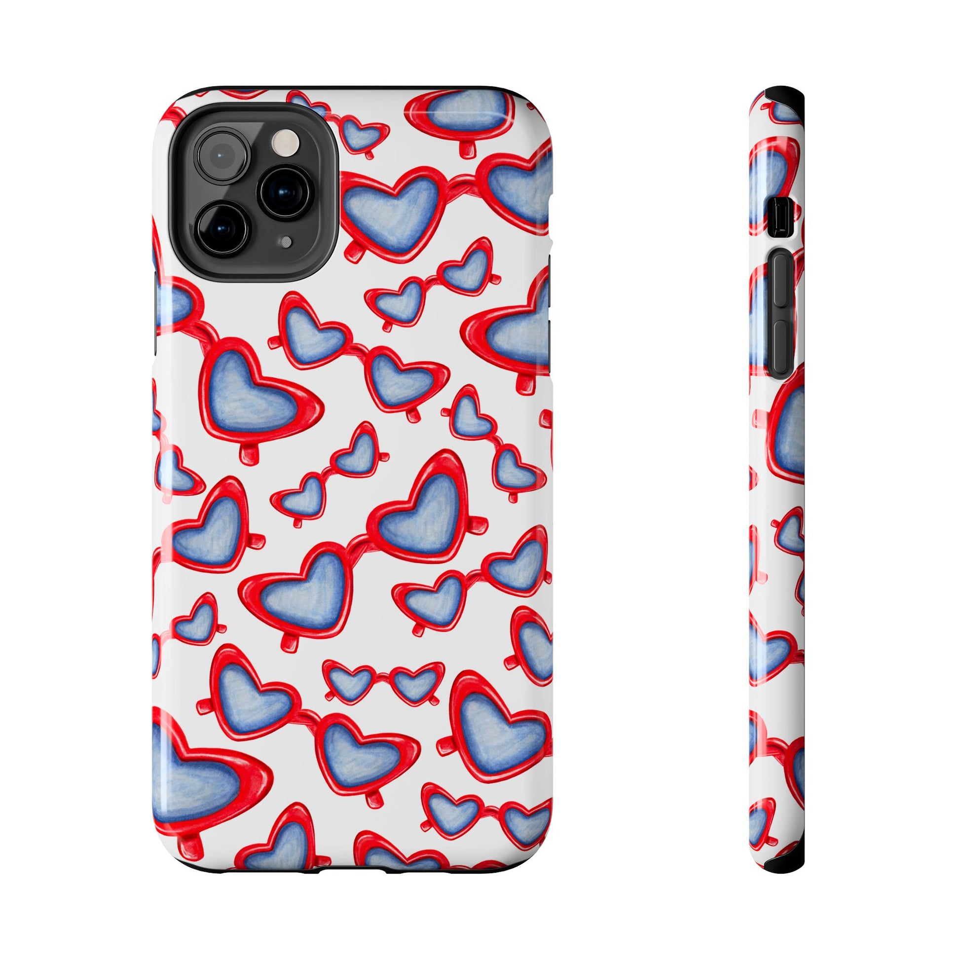 Red, White, & Blue Heart Shaped Watercolor Sunglasses Tossed Pattern Tough Phone Cases iPhone 11 Pro Max