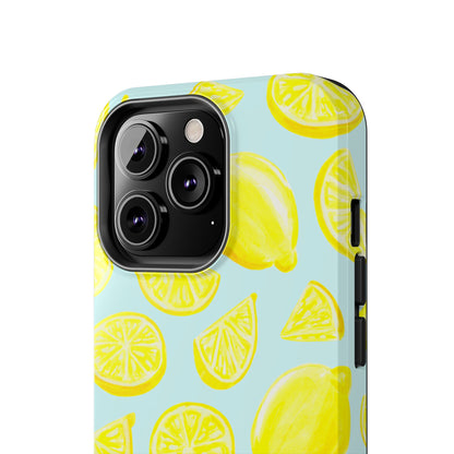 Bright Yellow Lemons Watercolor Illustrated Tossed Pattern Light Blue Tough Phone Case | Various Models