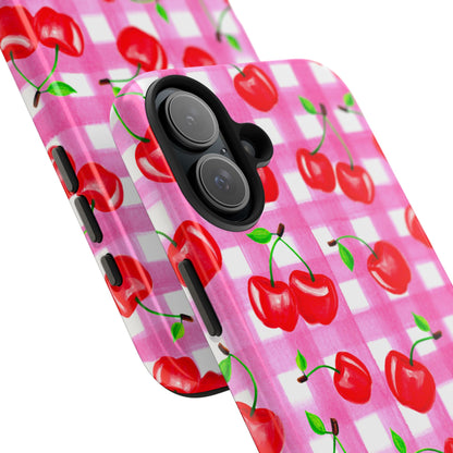 Tossed Red Watercolor Cherries Illustrated Pattern Light Pink Gingham Tough Phone Case | Various Models