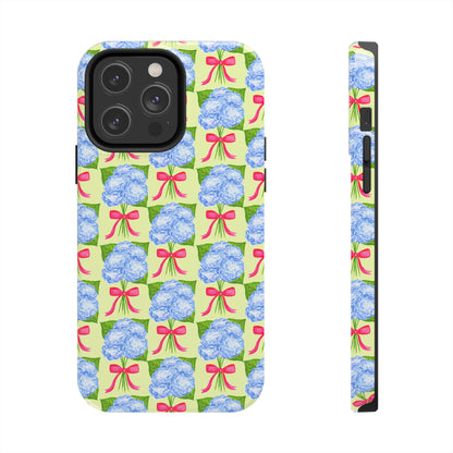 Blue Watercolor Hydrangea Bouquets with Hot Pink Bows Illustrated Patterned Yellow Preppy Grand Millenial Tough Phone Case | Various Models