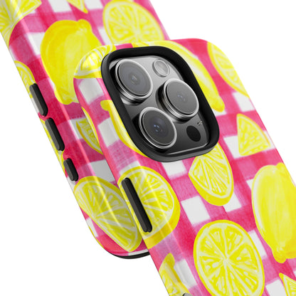 Yellow Lemons & Hot Pink Gingham Watercolor Illustrated Tough Phone Case | Various Models Available