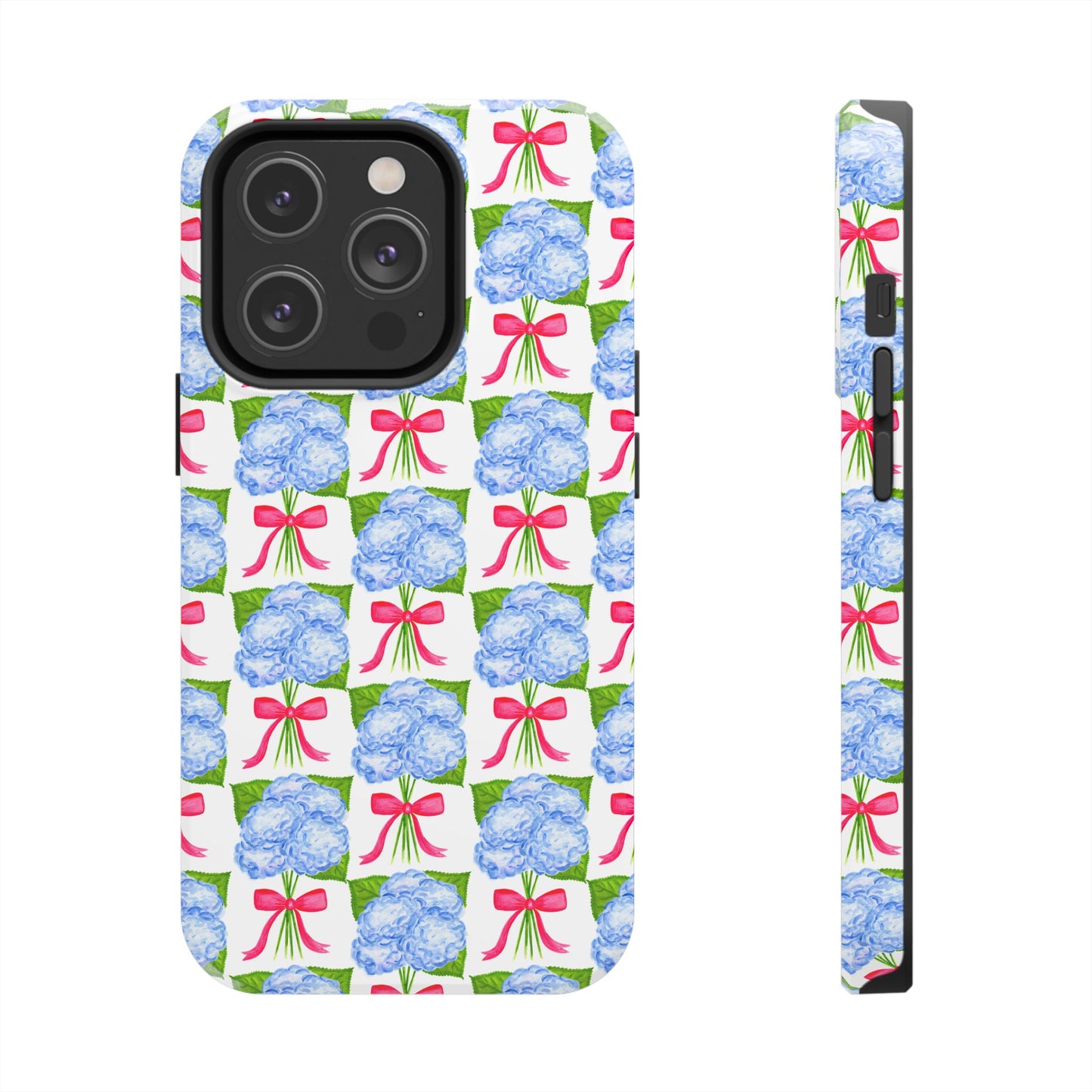 Blue Watercolor Hydrangea Bouquets with Hot Pink Bows Illustrated Patterned Tough Phone Case | Various Models