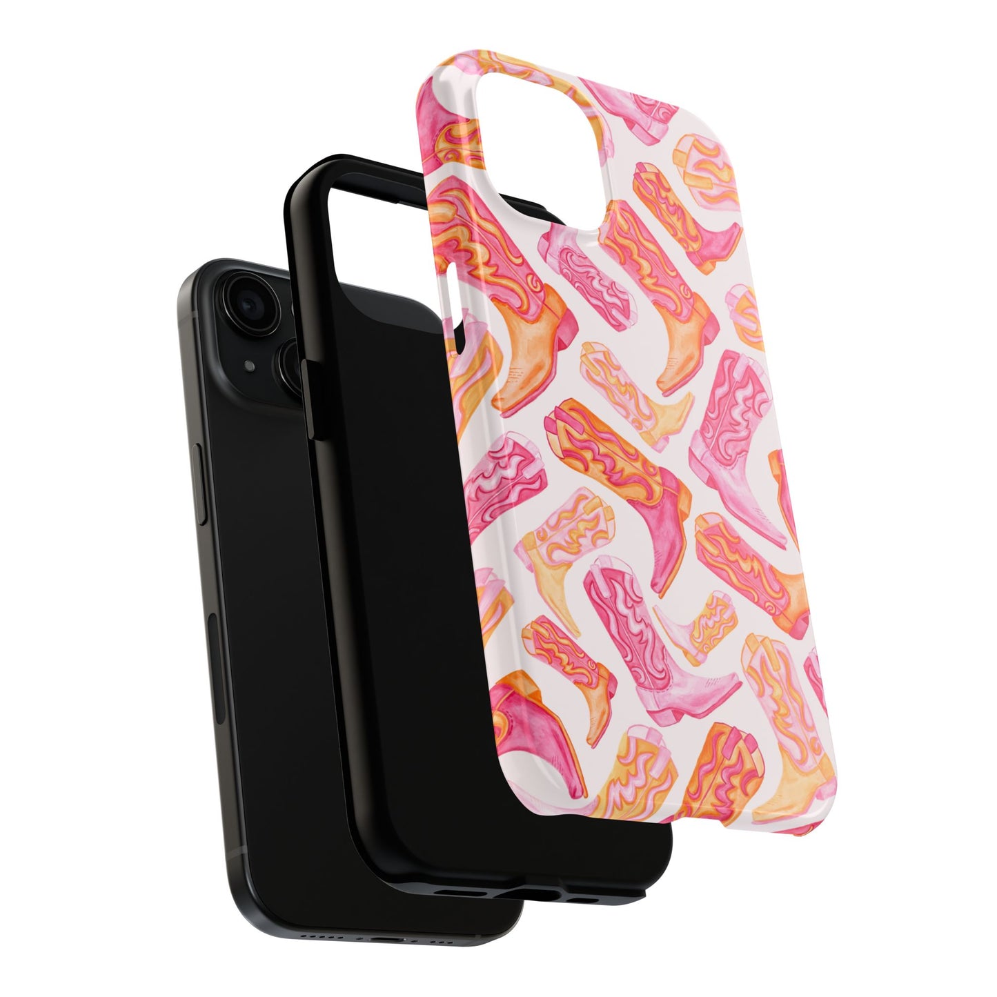 Tossed Hot Pink & Orange Watercolor Cowboy Boots Tough Light Pink Phone Case | Various Models Available