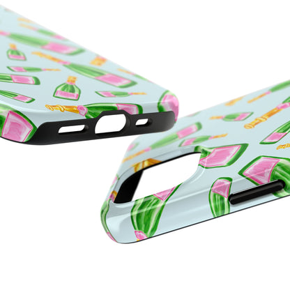 Tossed Pink and Green Watercolor Illustrated Champagne Bottles Pattern Light Blue Tough Phone Case | Various Models