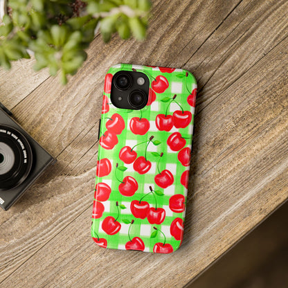 Red Tossed Cherries Green Gingham Watercolor Illustrated Tough Phone Case | Various Models Available
