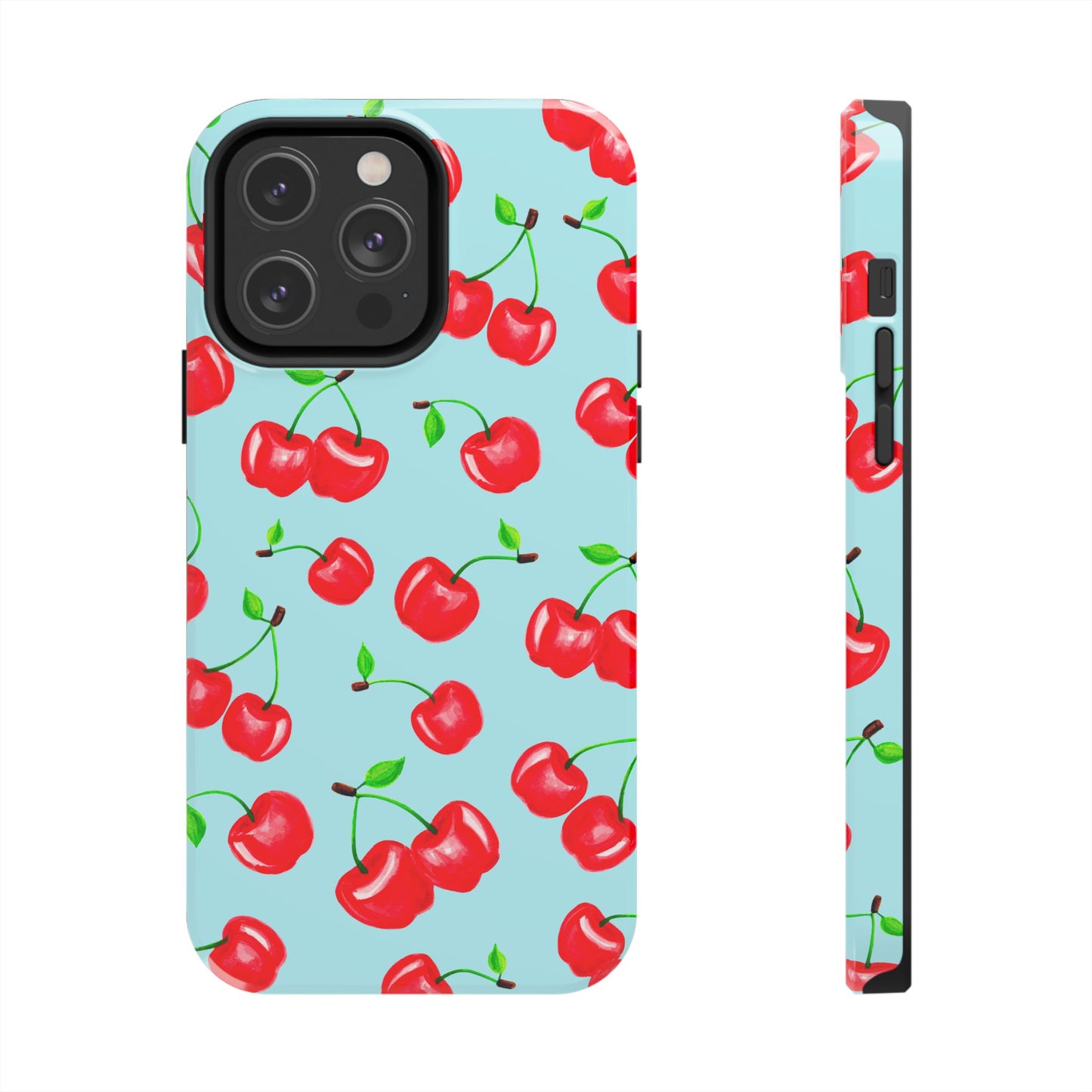 Tossed Red Watercolor Cherries Illustrated Pattern Bright Blue Tough Phone Case | Various Models