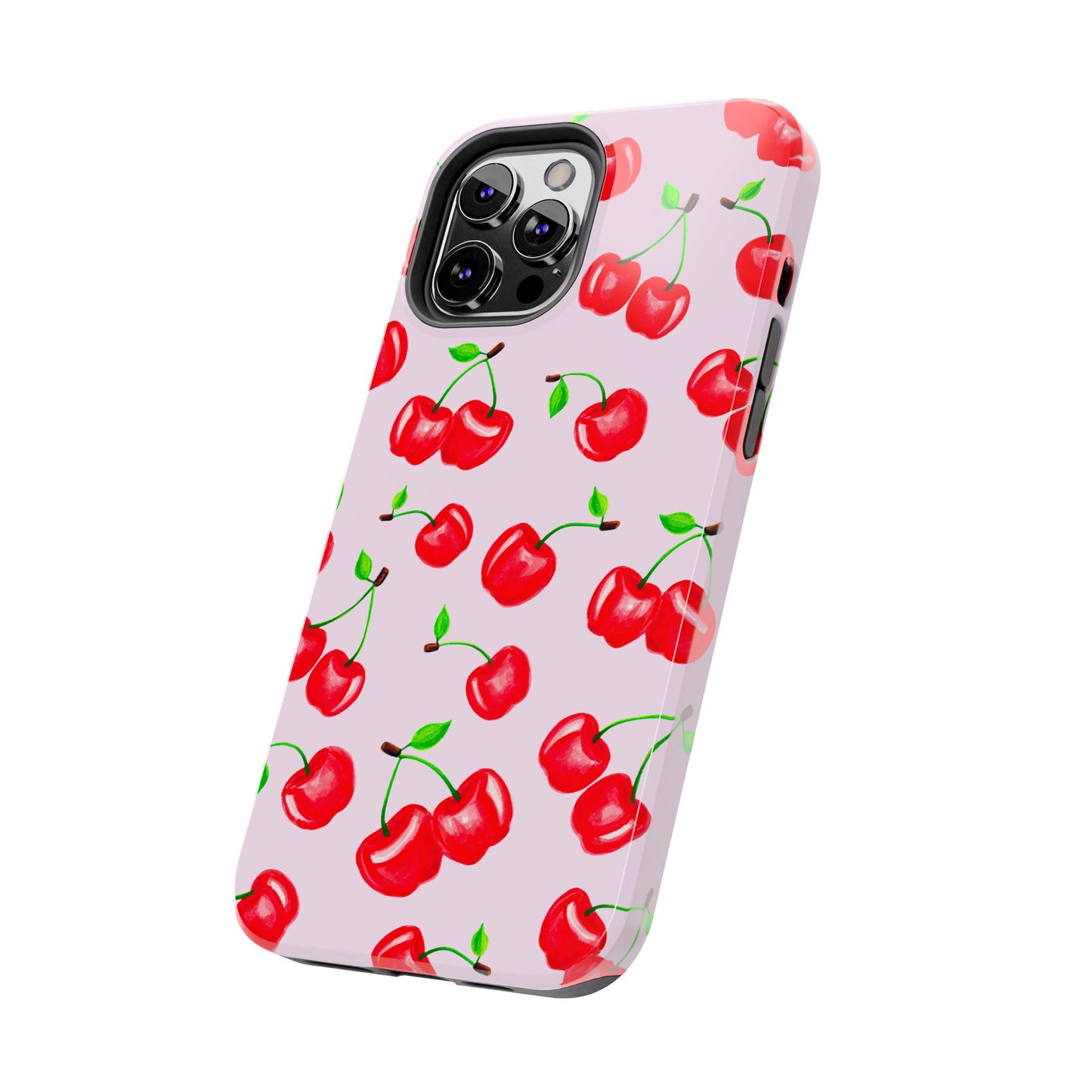 Tossed Red Watercolor Cherries Illustrated Pattern Light Pink Tough Phone Case | Various Models