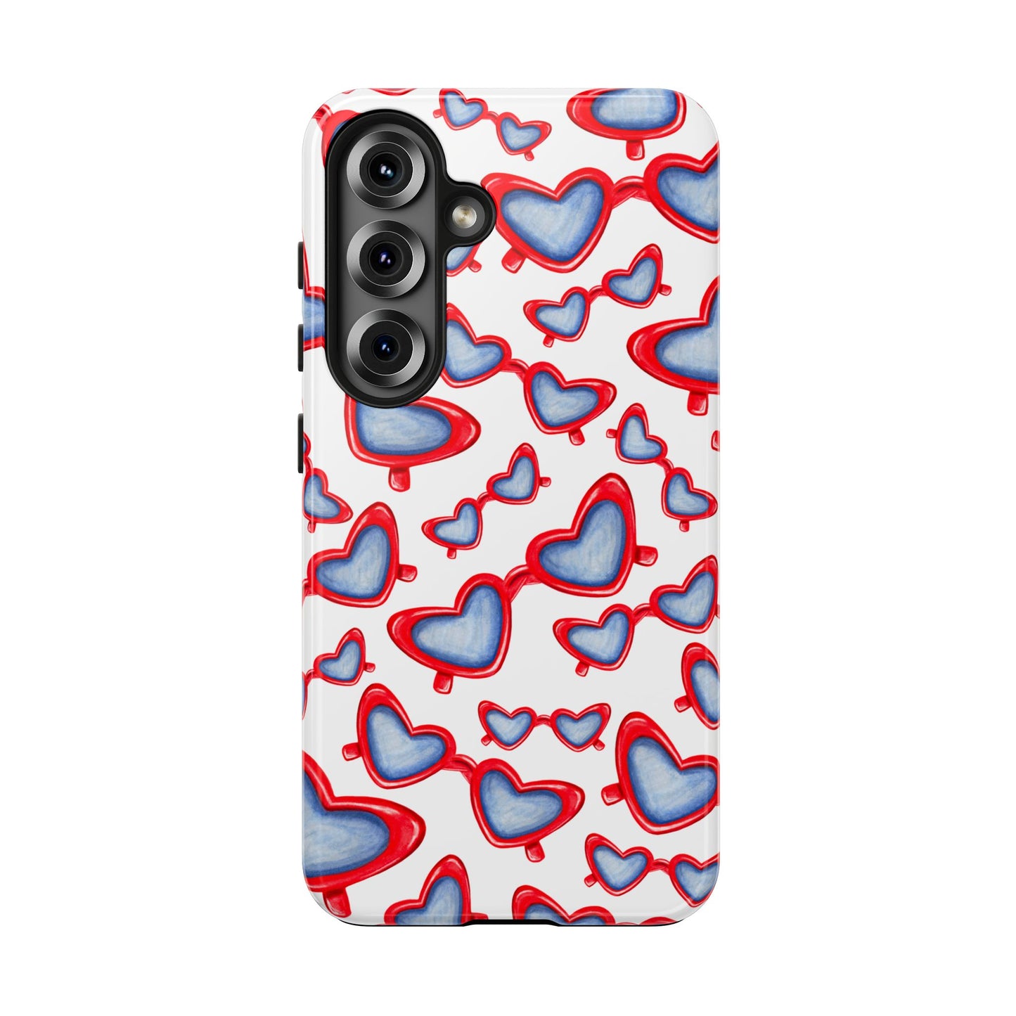 Red, White, & Blue Heart Shaped Watercolor Sunglasses Tossed Pattern Tough Phone Cases Samsung Galaxy S25