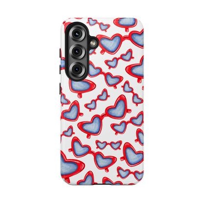 Red, White, & Blue Heart Shaped Watercolor Sunglasses Tossed Pattern Tough Phone Cases Samsung Galaxy S25