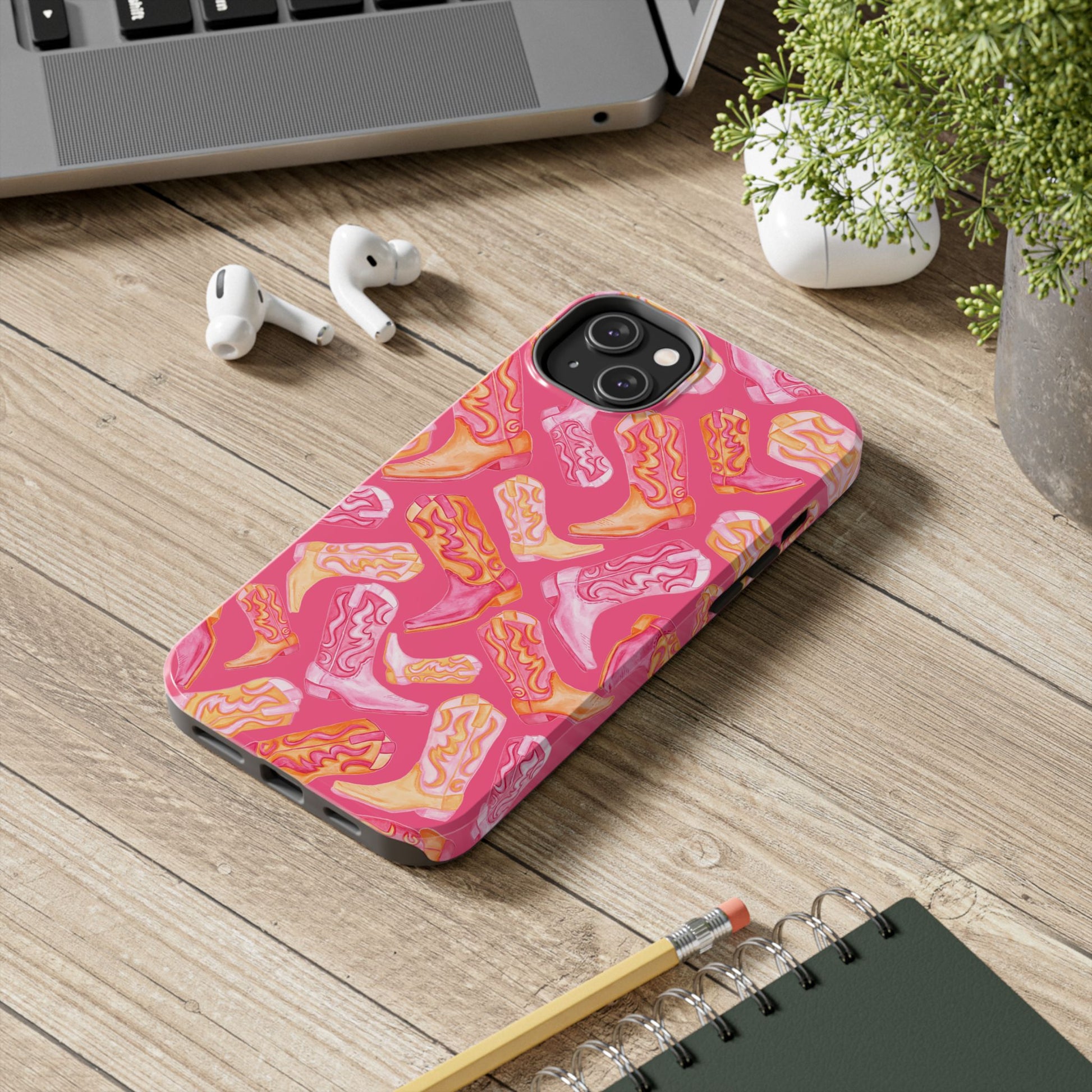 Tossed Hot Pink & Orange Watercolor Cowboy Boots Hot Pink Tough Phone Cases | Various Models