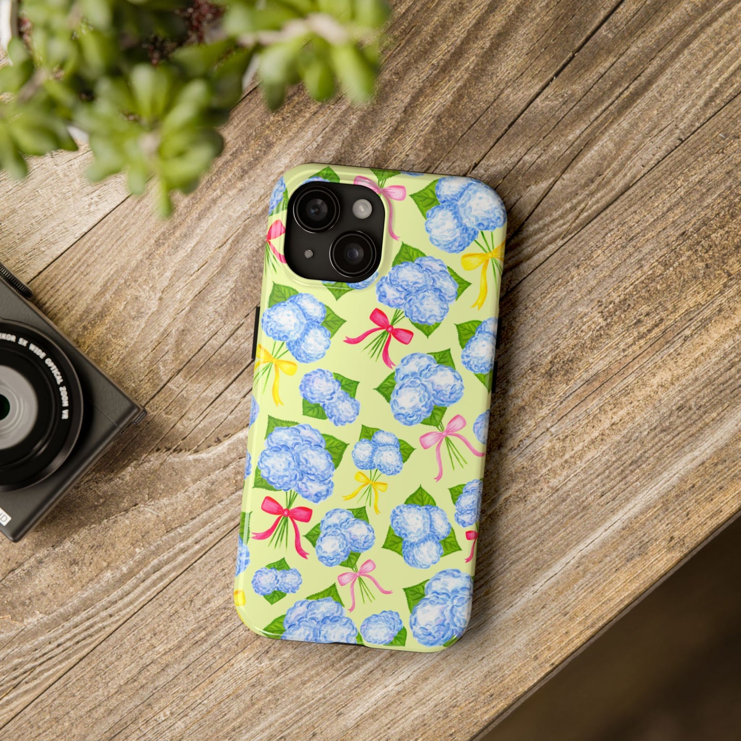 Blue Watercolor Hydrangea Bunches with Hot Pink, Yellow, Light Pink Bows Illustrated Patterned Yellow Tough Phone Case | Various Models