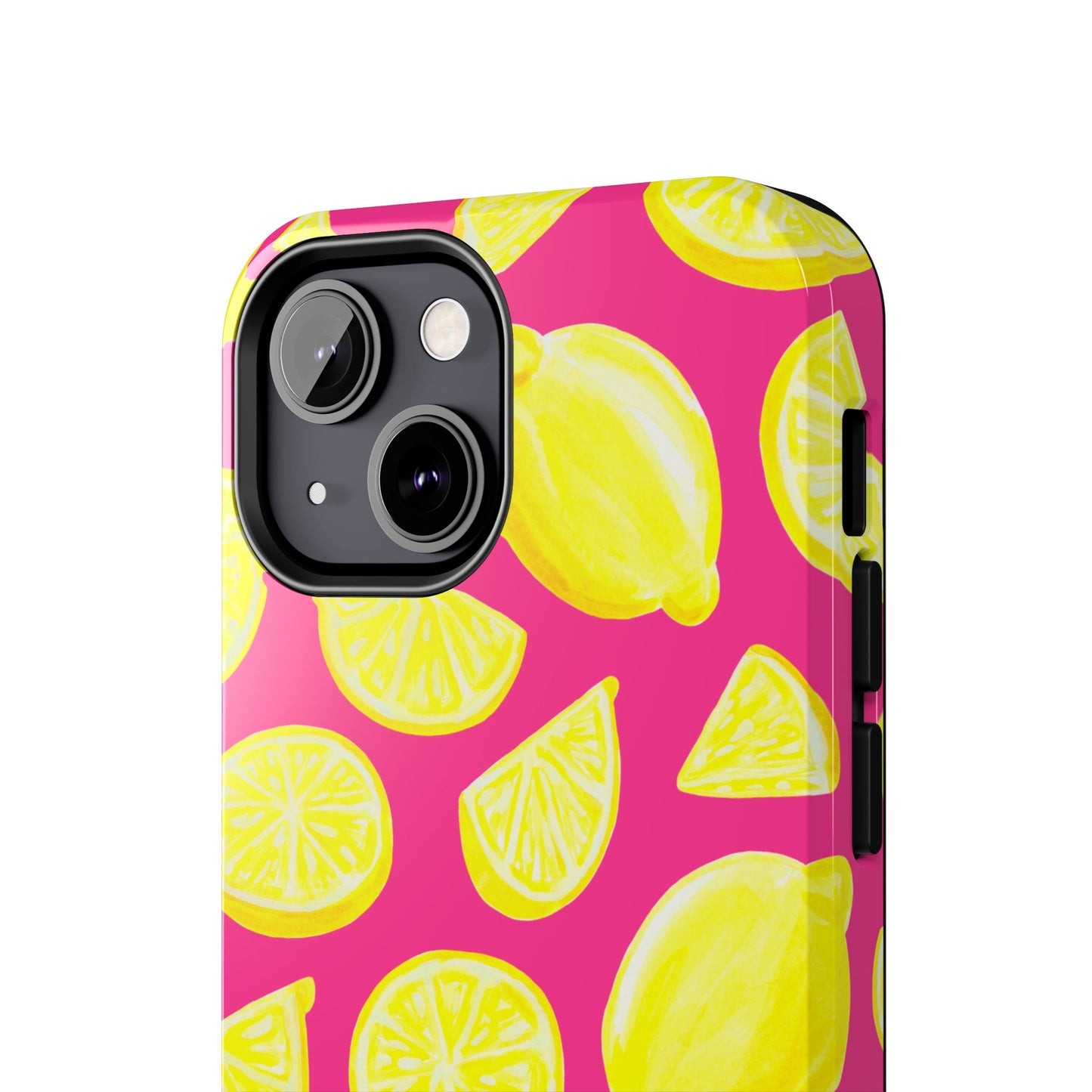 Bright Yellow Lemons Watercolor Illustrated Tossed Pattern Watermelon Pink Tough Phone Case | Various Models
