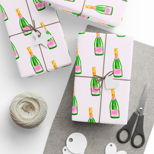 Gift Wrap | Blush Pink & Green Watercolor Champagne Bottles Pattern | Matte or Glossy