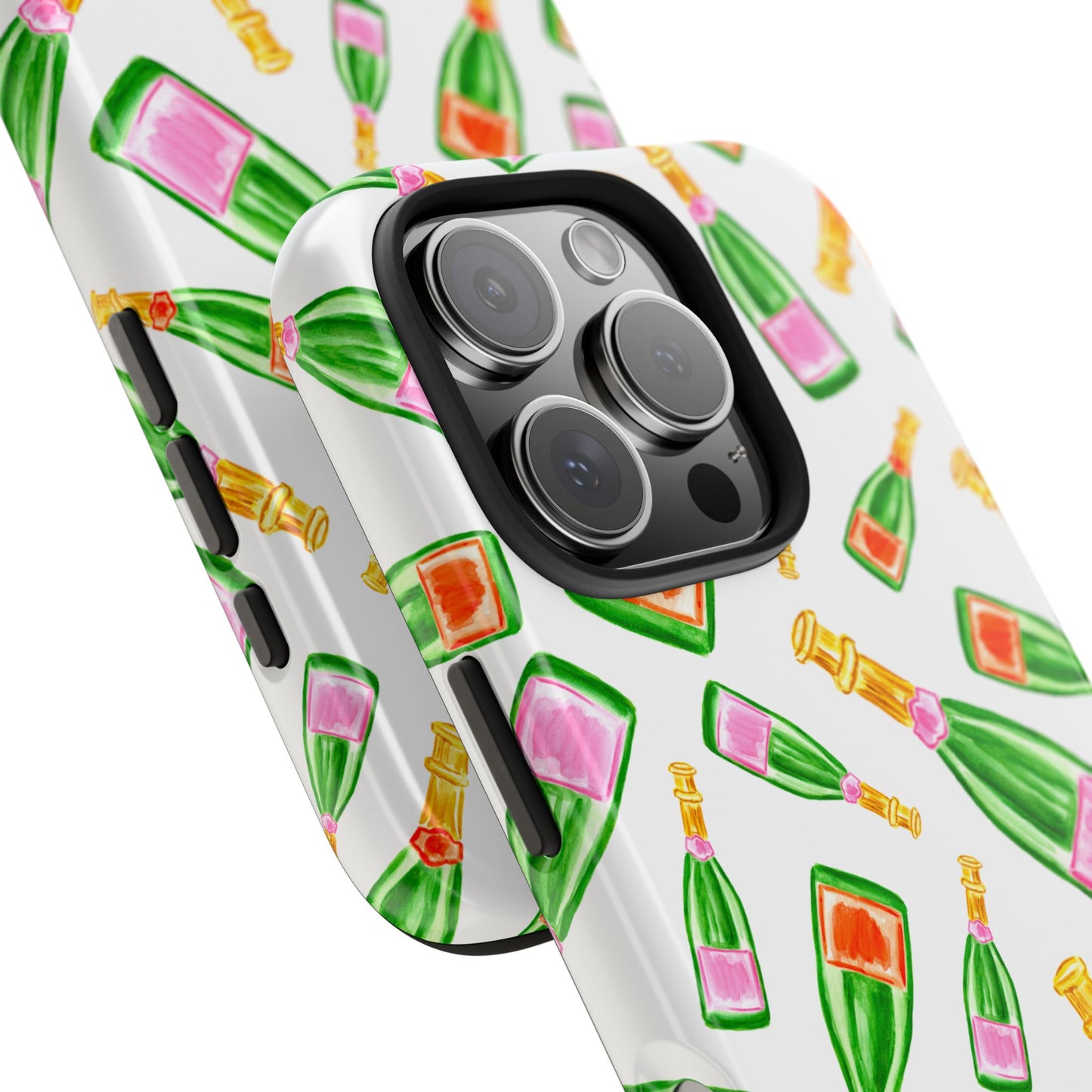 Tossed Pink and Green & Orange and Green Watercolor Illustrated Champagne Bottles Pattern Tough Phone Case | Various Models